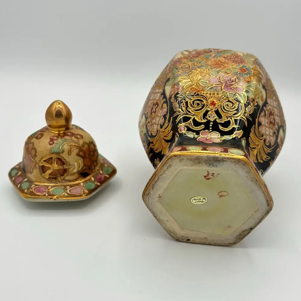 Vintage Satsuma Style Hexagonal Ginger Jar Lid Temple Urn Moriage Gold Floral
